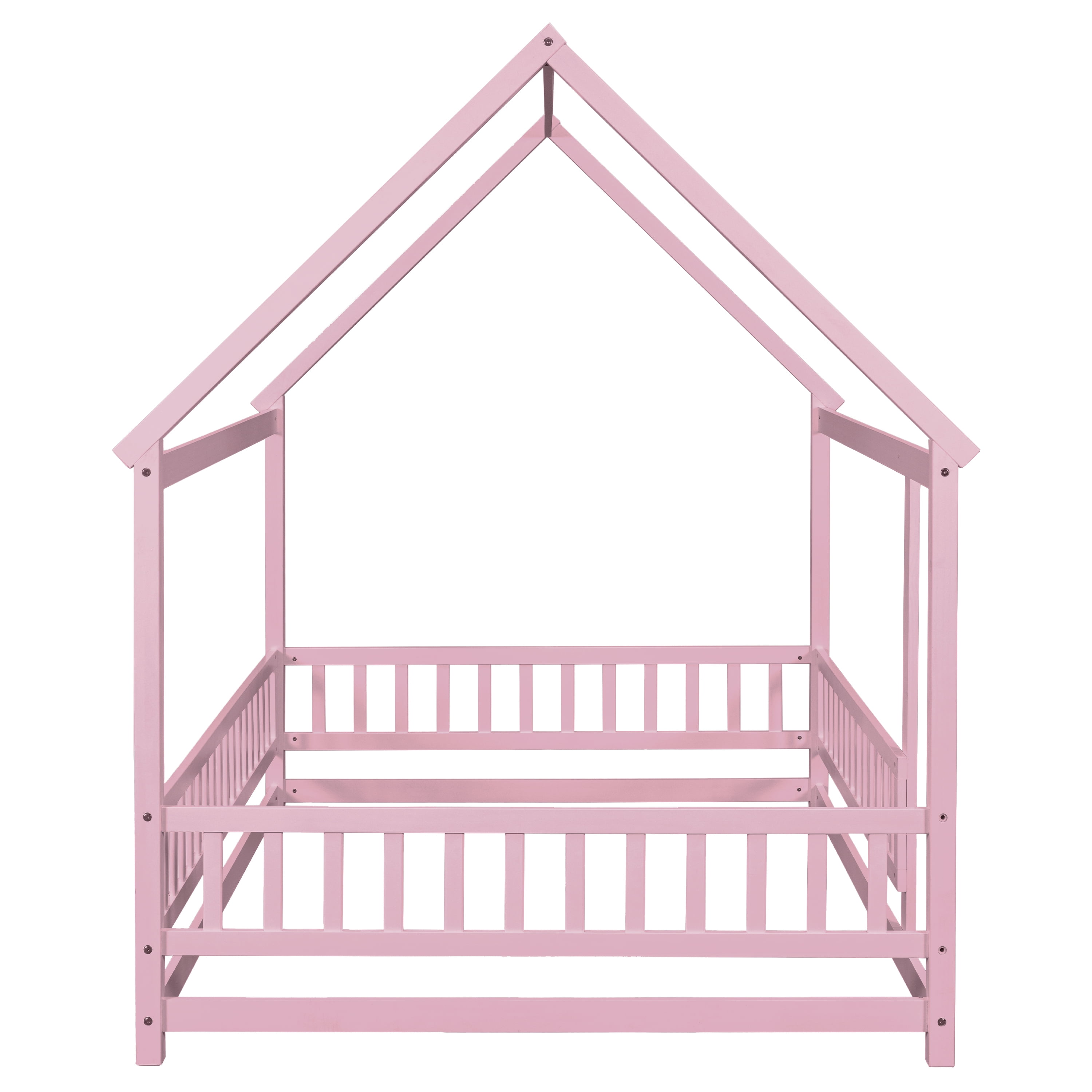 Miniyam Full Size Toddler Bed , Wood Floor House Bed with Rail for Kids, Pink
