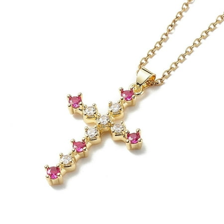 Fuchsia Cubic Zirconia Pendant Necklace 304 Stainless Steel Jewelry for Women Golden 16.73 inch(42.5cm)