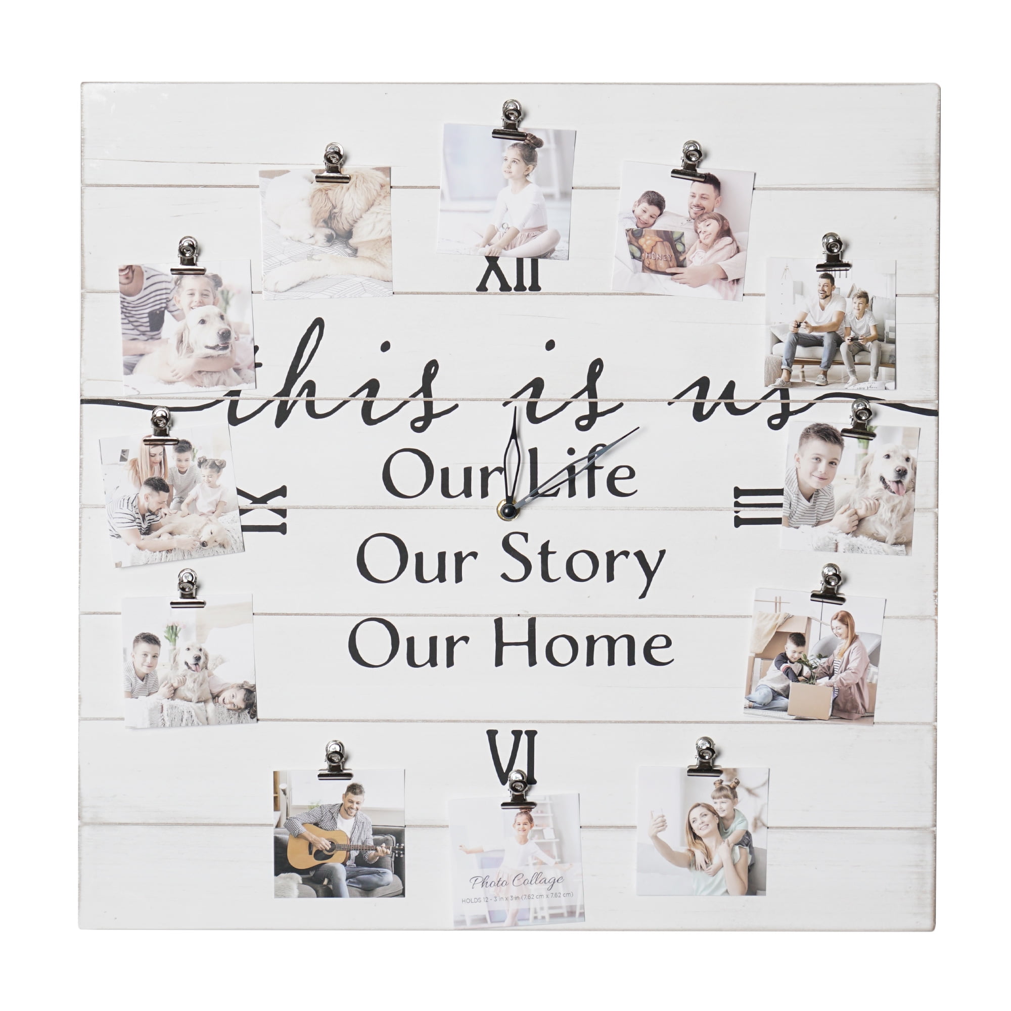 This is Us White Wood Plank Photo Collage Clock with Picture Clip - 20" x 20"