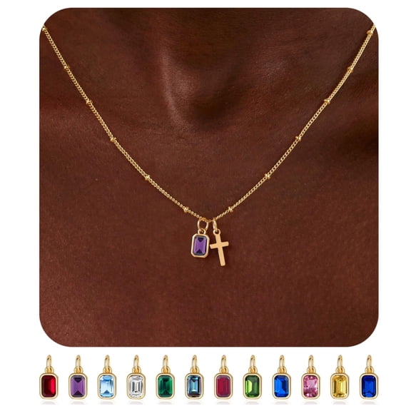 Turandoss Birthstone Cross Necklaces for Women 14K Gold Plated Dainty Faith Jewelry with 12 Month Amethyst Pendant Birthstone Christian Birthday Gifts for Women Mom Teen Girls