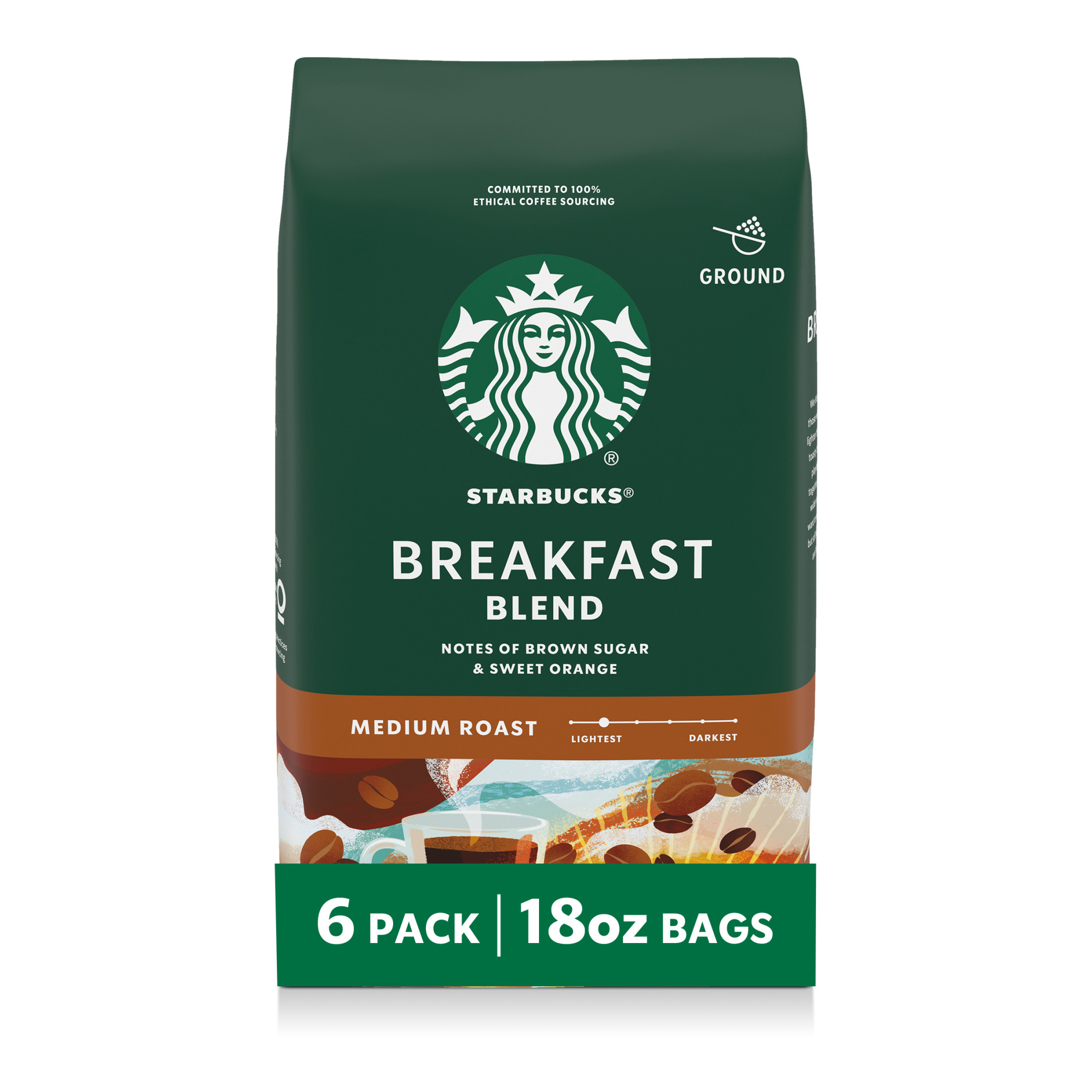 (6 pack) Starbucks Breakfast Blend, Ground Coffee, Medium Roast Hot or Iced Coffee, 18 oz