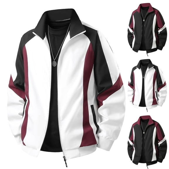 Men Color Block Stand Collar Track Jacket Full Zip Striped Raglan Sleeve Casual Windbreaker Outerwear