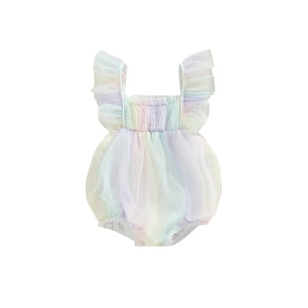 

WakeUple 0-18M Baby Girls Summer Bodysuit Fly Sleeve Square Neck Tie-dye Print Bubble Fashion Jumpsuit