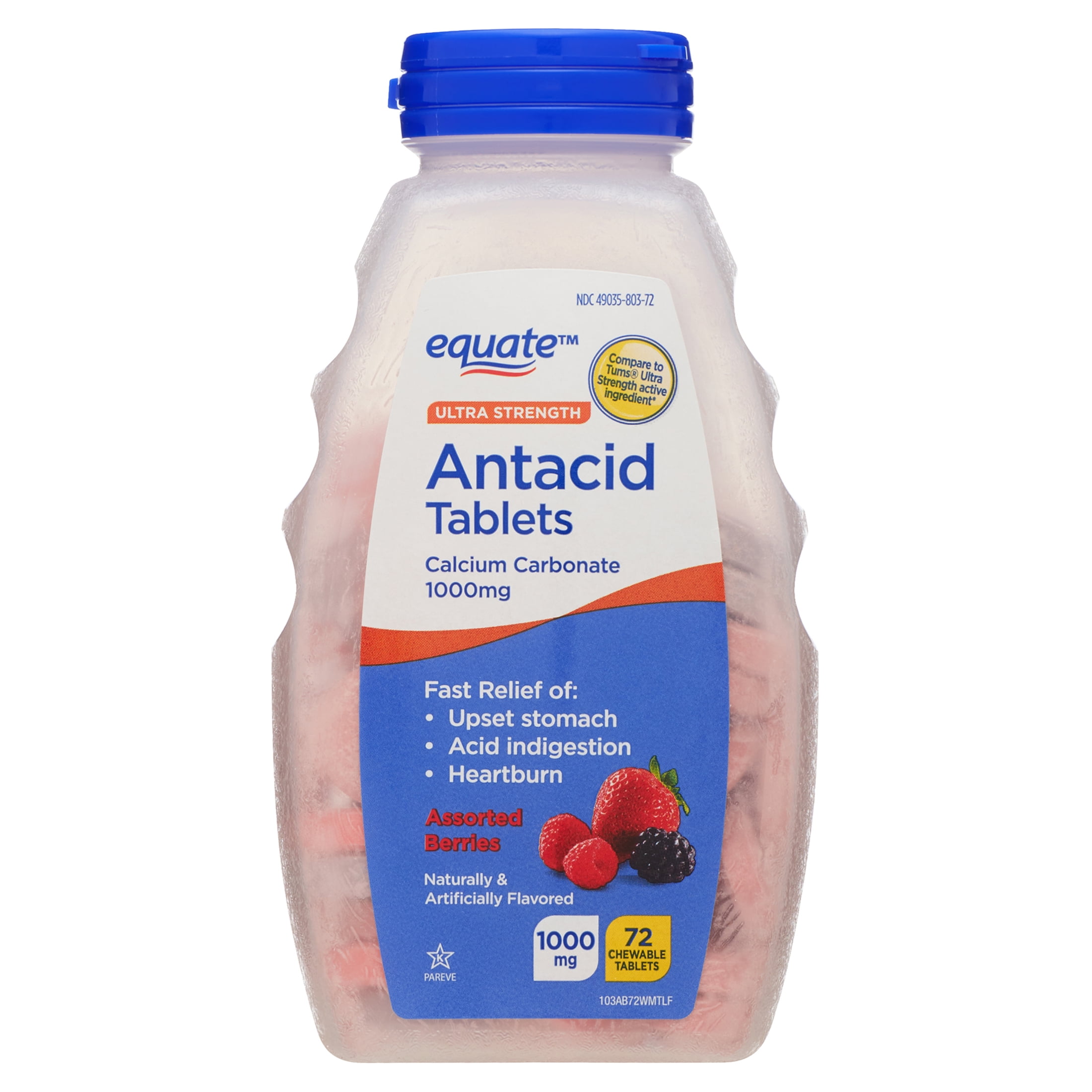 Equate Ultra Strength Antacid Chewable Tablets, over the Counter, 1000 mg, Assorted Berries, 72 Count