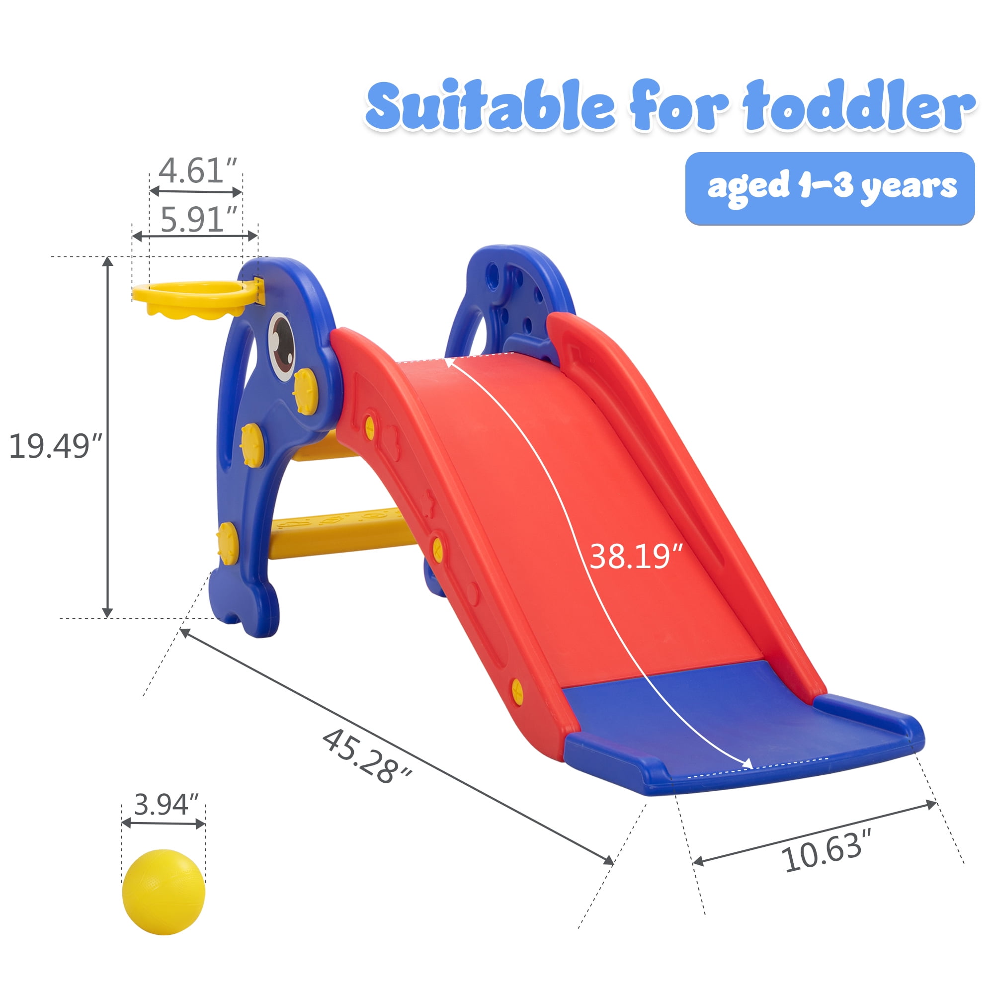 Kadyne 3 in 1 Toddler Slide Kids Slide, 45.3" Dolphins Play Slide for Outdoor and Indoor, Play Slide with Basketball Hoop, Ball and Ladder, Red and Blue Kadyne 3 in 1 Toddler Slide Kids Slide, 45.3" Dolphins Play Slide for Outdoor and Indoor, Play Slide with Basketball Hoop, Ball and Ladder, Red and Blue