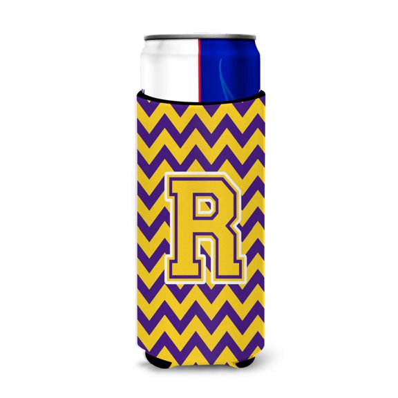 Carolines Treasures CJ1041-RMUK Letter R Chevron Purple and Gold Ultra Beverage Insulators for slim cans Slim Can