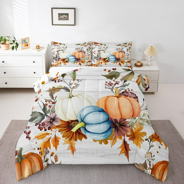 YST Ensemble de Douillette Citrouille Style Ferme, Ensemble de Literie Complet pour Enfants Garçons Filles pour l'Action de Grâce, Couette Réversible d'Automne, Courtepointe en Planches de Bois avec 2 Taies d'Oreiller Légère