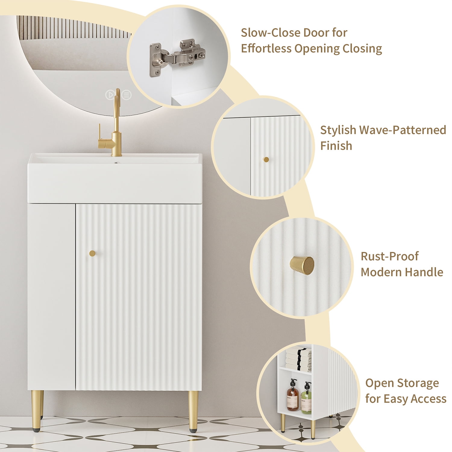 Demi Bonn 21" Bathroom Vanity with Ceramic Sink and Soft-Closing Door, Cloakroom Open Shelf Storage Cabinet on the Left Side, Faucets and Drains Not Included, White