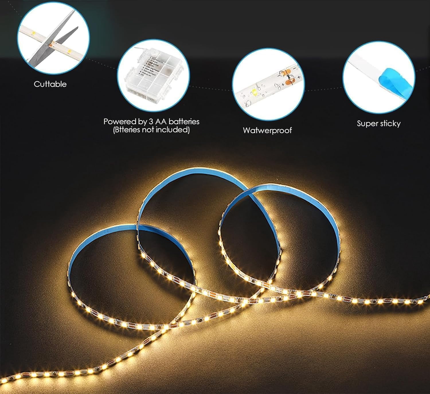 LED Strip Lights 2 M 120 LED Waterproof Flexible LED Strip Light Battery Powered Dimmable Cuttable Tape Lights Strip with Remote for Kitchen, Bedroom, Computer, TV, Birthday