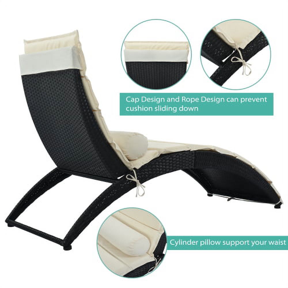 Patio Chaise Lounge Chair, Sun Lounger, PE Rattan Foldable Chaise Lounger with Removable Cushion and Bolster Pillow, Weather Cover, and Removable Cushion, Beige - image 3 of 7