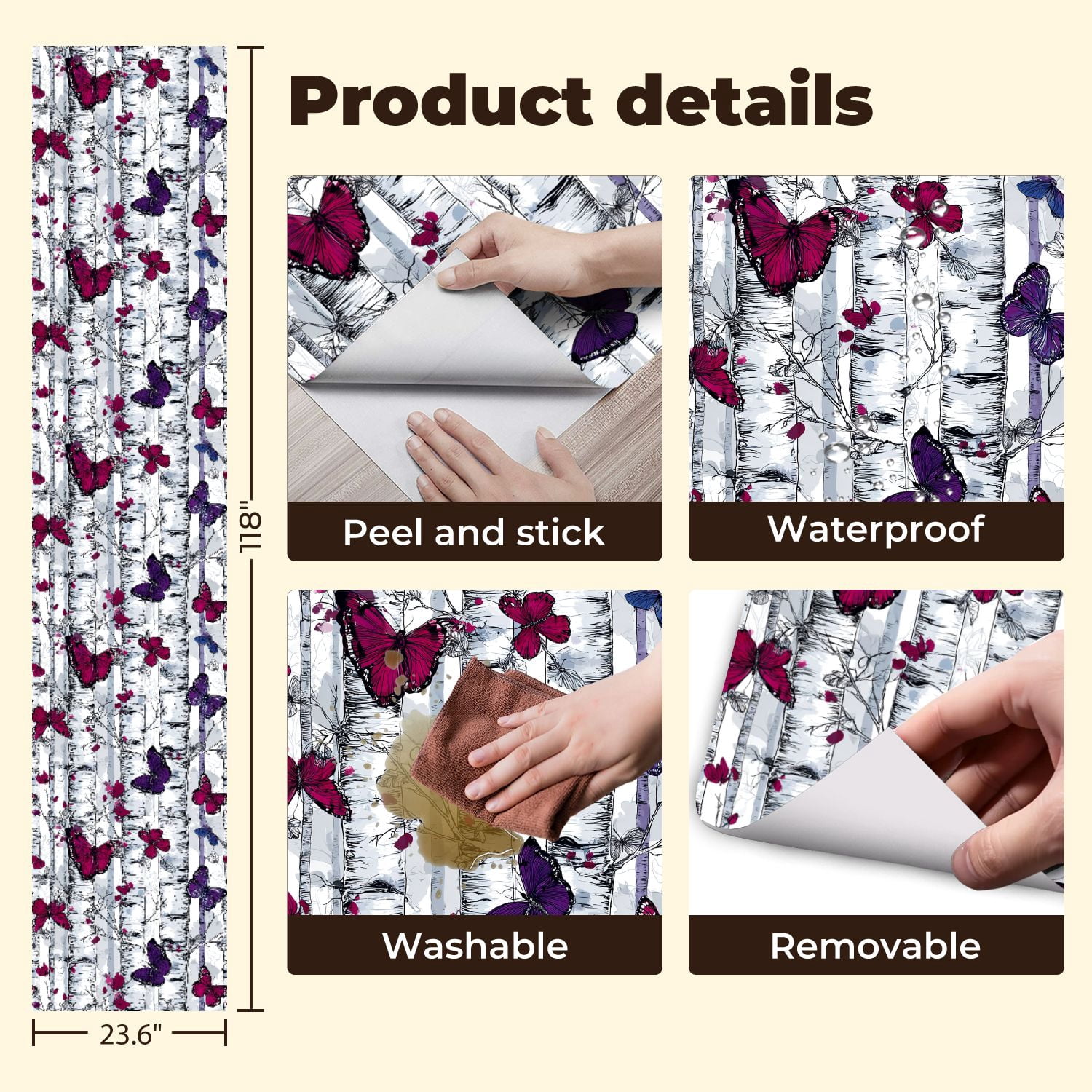 Peel and Stick Wallpaper Butterflies Birch Trees Magenta Purple Grey Ink Wall Mural 23.6in x 9.8ft Self Adhesive Removable Wall Paper Renter Friendly Wallpaper for Bedroom Livingroom Office Studio