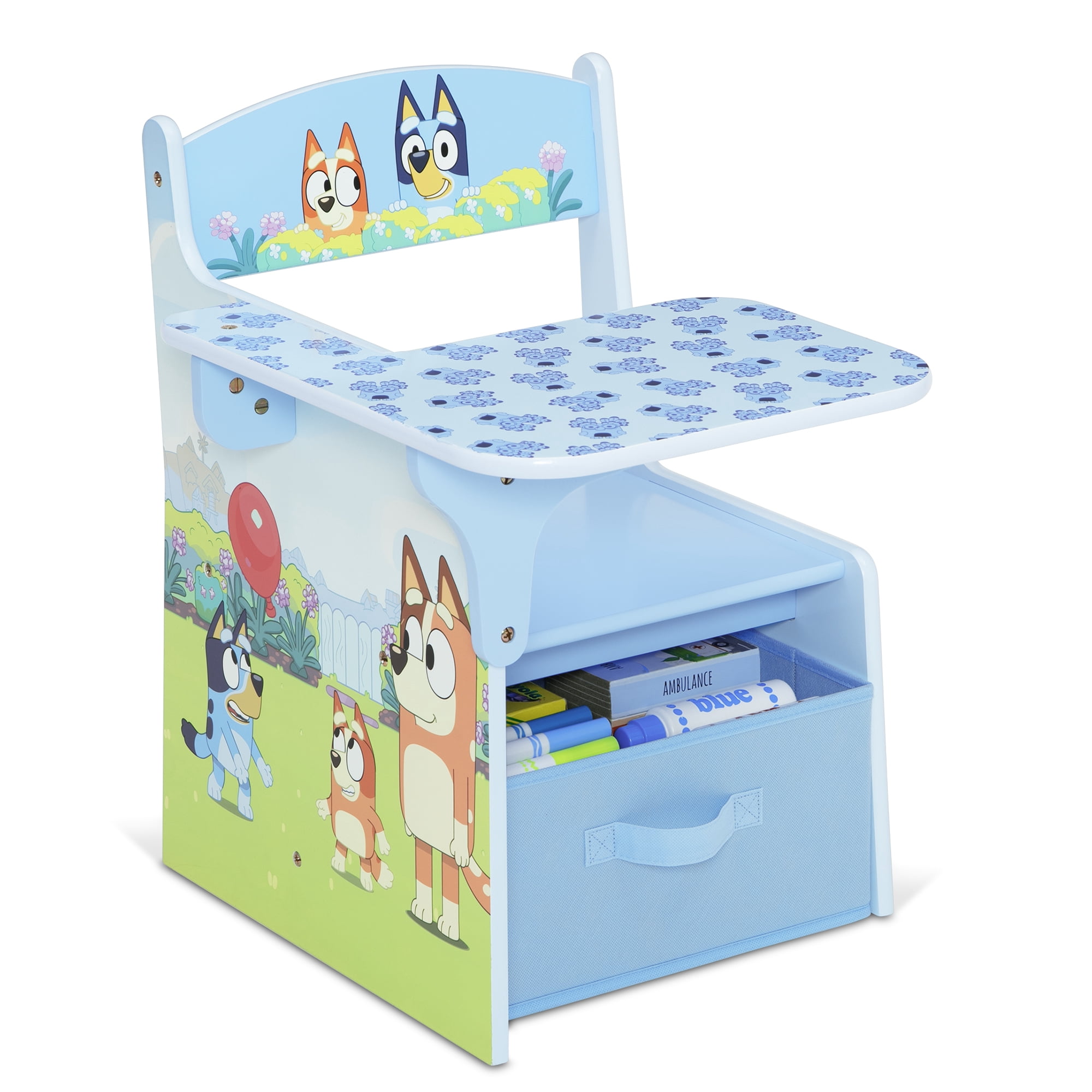 Bluey 3-Piece Toddler Bedroom Set by Delta Children - Includes Toddler Bed, Chair Desk and Toy Organizer, Blue