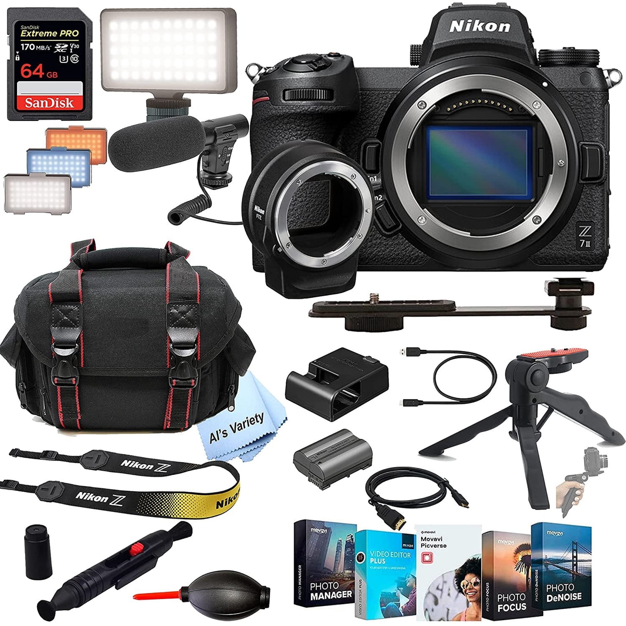 Nikon Z7II Mirrorless Digital Camera 45.7MP Body No Lens+ FTZ Mount Adapter + Shot-Gun Microphone + LED Always on Light+ 64GB Extreme Speed Card Gripod Case (International Model)