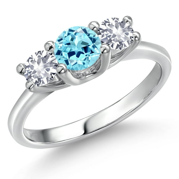 Gem Stone King 14K White Gold Blue Apatite & White Created Sapphire 3-Stone Engagement Ring | 1.00 Cttw | Round 5MM and 4MM | Three Stone Wedding Anniversary Promise Ring for Women (Size 9)