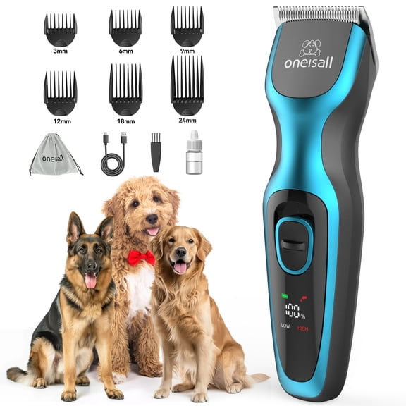 Oneisall DTJ-001 Dog Clippers for Grooming, High Power 7000RPM Low Noise Dog Grooming Clippers with Stainless Steel Blade & 6 Guide Guards, Rechargeable Dog Grooming Kit for Heavy Coats, Grey Blue