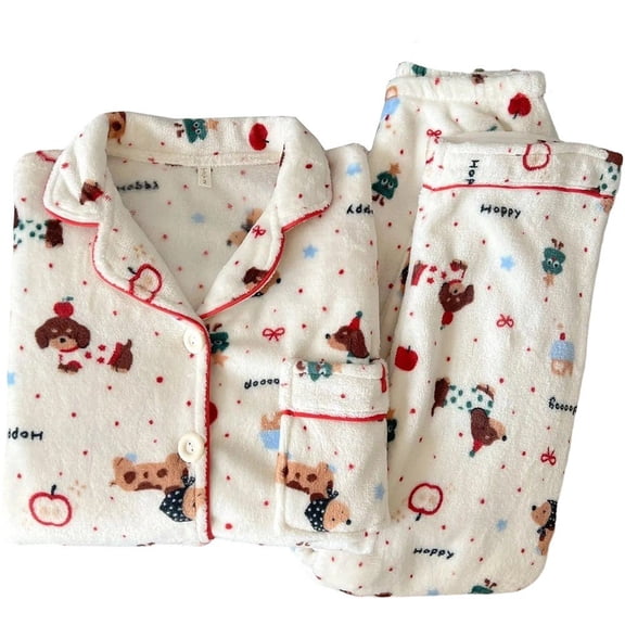 Womens Pajama Set, Soft Coral Fleece Christmas Pyjamas Set Comfy Winter Warm Sleepwear Nightwear Button Down Loungewear