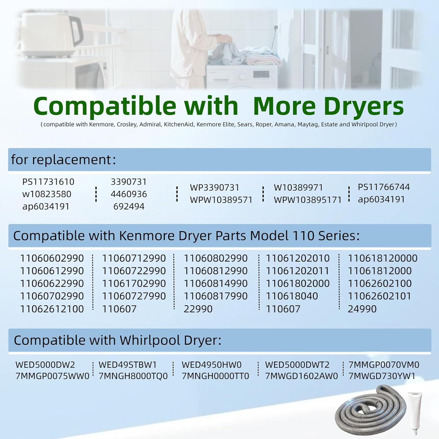 W10906683 Dryer Door Seal Part Replaces W10823580, AP6034191 Dryer Door Seal,Compatible with Maytag,Whirlpool WED49STBW1,WED4950HW0,WED5000DW2 and Kenmore Dryer Parts Model 110 Series