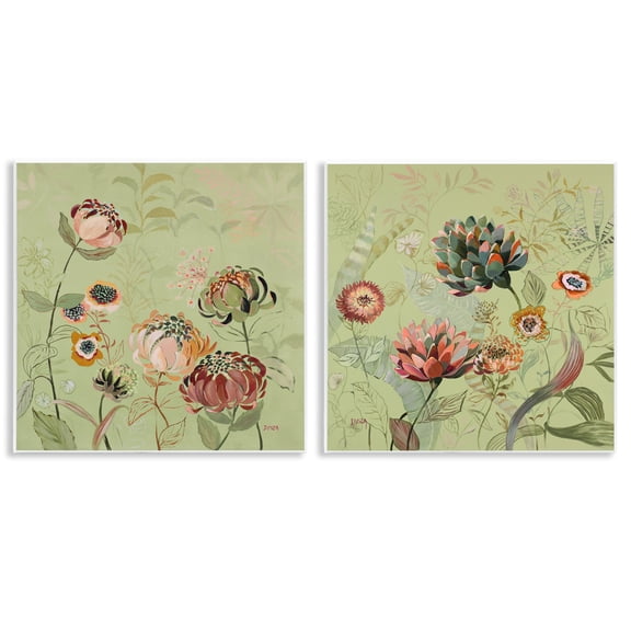 Stupell Industries Chrysanthemums on Olive Green Floral Painting Unframed Art Print Wall Art, 12 x 12, Set of 2