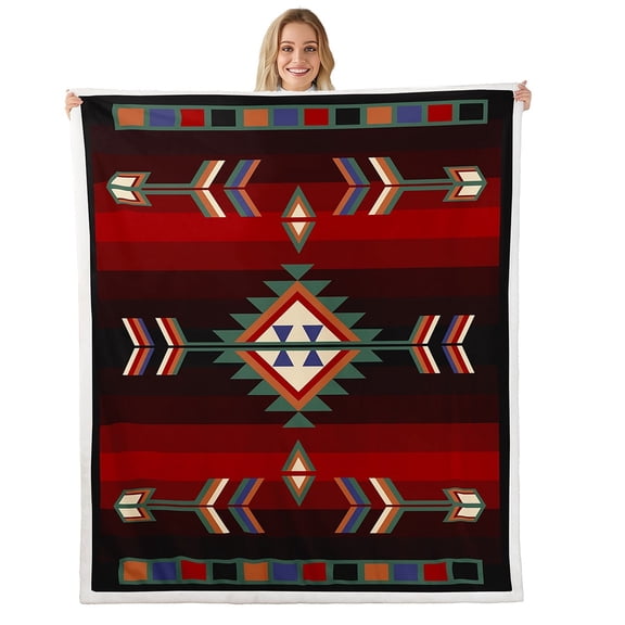 Farmhouse Aztec Sherpa Blanket Throw 50"X60" Southwestern Tribal Throw Blanket Retro Western Geometric Fleece Blanket For Men Rustic Farmhouse Cabin Lodge Flannel Blanket Home Decor