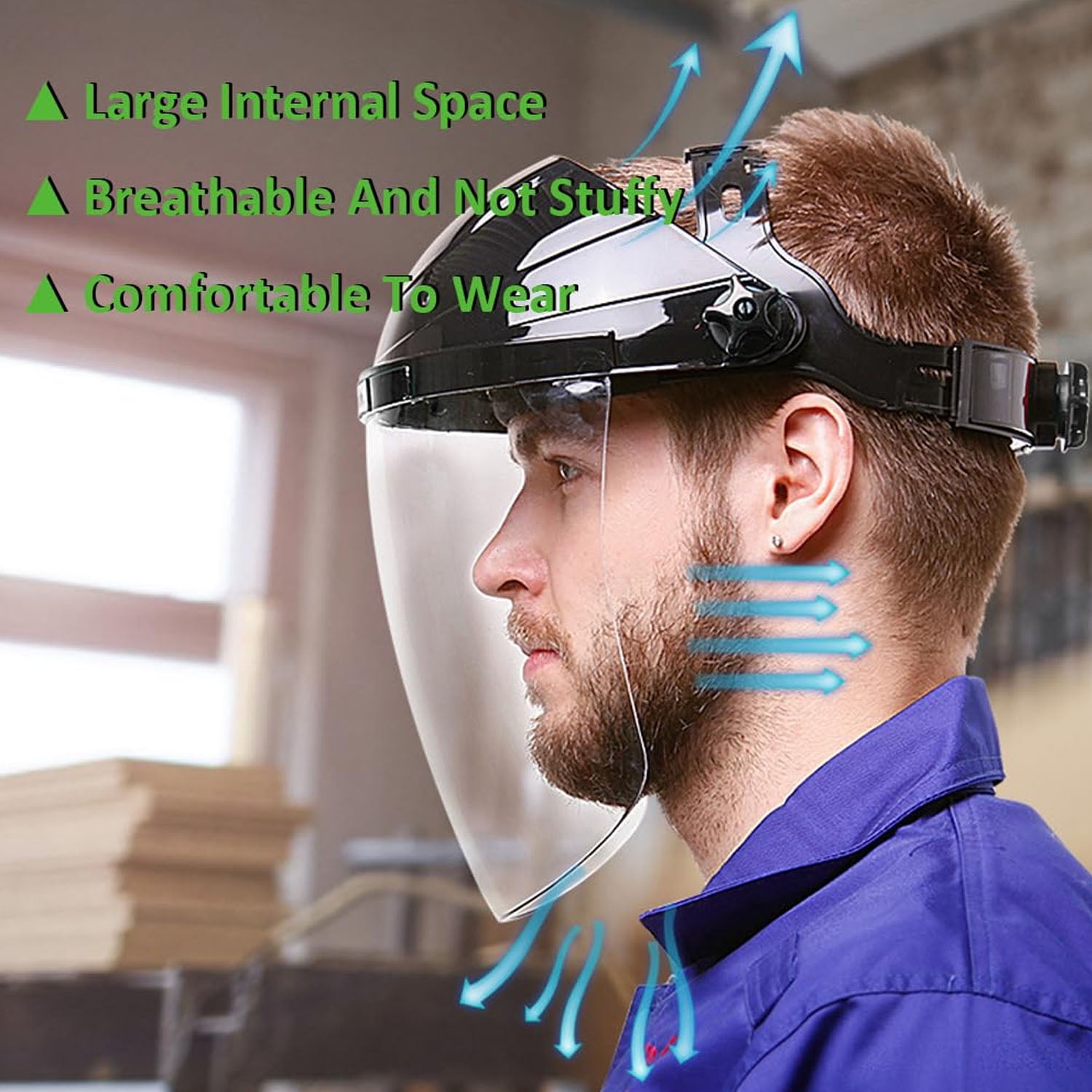 Uooglle 4 Pack Full Face Shield, Clear Safety Mask for Grinding & Cutting, Impact Resistant Head-Mounted Face Shield with Adjustable Ratchet Headgear for Construction, Woodworking & Metalwork