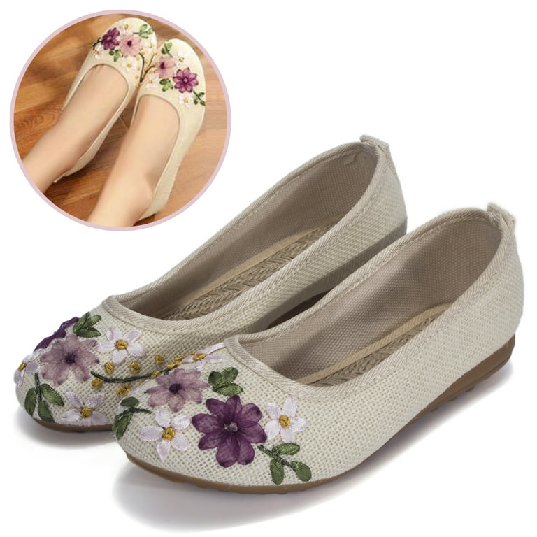 DODOING Womens Ballet Floral Embroidered Cut Platform Shoe On Flats Casual Driving Loafers Shoes, Khaki/ White/ Navy Blue, 4-10 Size -
