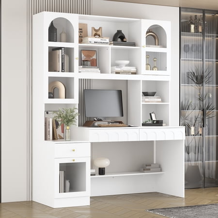 Large Home Office Desk with Bookshelf, Writing Table Computer Desk with Storage Shelves & Drawers, Workstation with Glass Door Bookcase, White