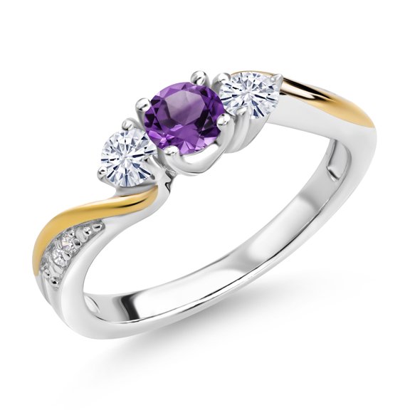 Gem Stone King 925 Silver and 10K Yellow Gold Purple Amethyst White Moissanite and White Lab Grown Diamond 3 Stone Engagement Ring for Women (0.48 Cttw, February Birthstone, Size 5)