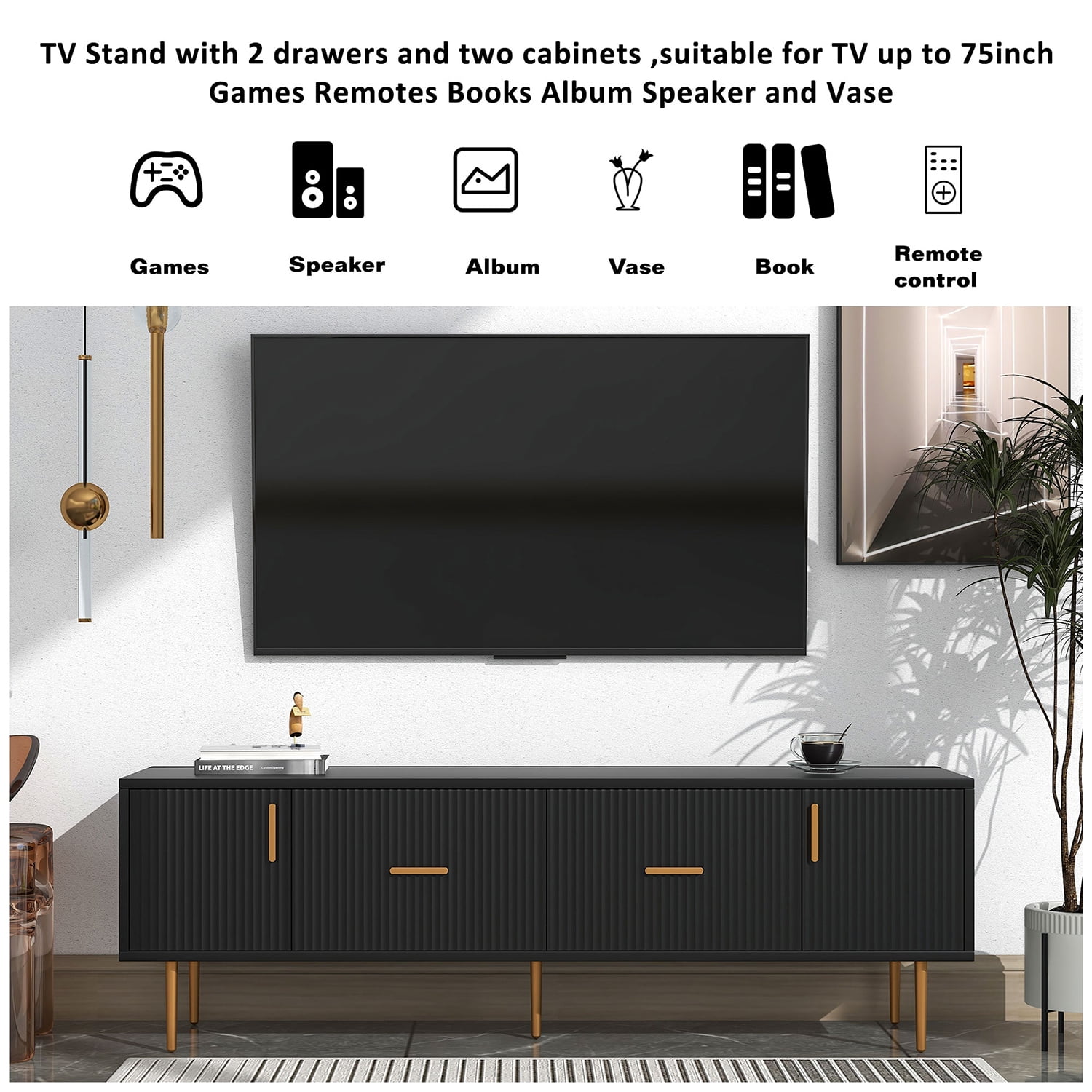 Kepooman Modern TV Stand with 5 Champagne Legs, TV Cabinet with Storage Bin for Living Room, Black Kepooman Modern TV Stand with 5 Champagne Legs, TV Cabinet with Storage Bin for Living Room, Black