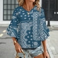 thumbnail image 3 of Blue Paisley Bandana Pattern Women's V-Neck Blouse With 3/4 Ruffled Bell Sleeves Casual Top Ladies Blouses, 3 of 7