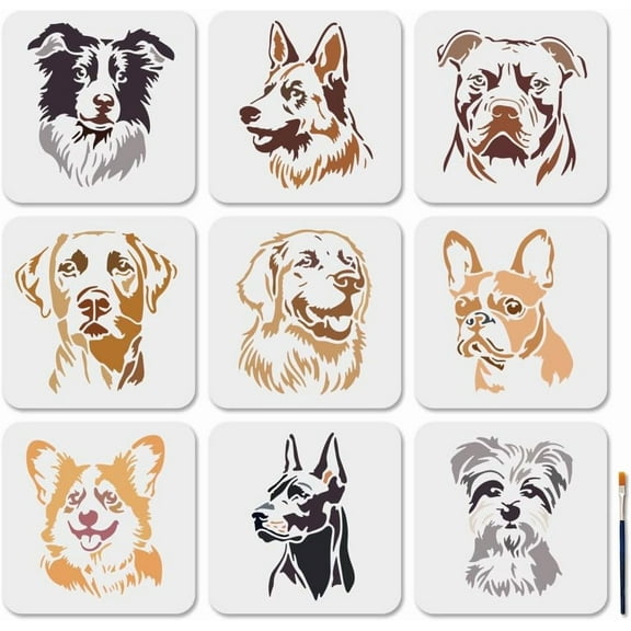 9Pcs Dog Animal Painting Stencils Popular Dog Cute Dog Stencils 7.8×7.8inch Reusable Dog Head Animal Templates with Paint Brush for Wood Wall Window DIY Craft Home Decor Colorful
