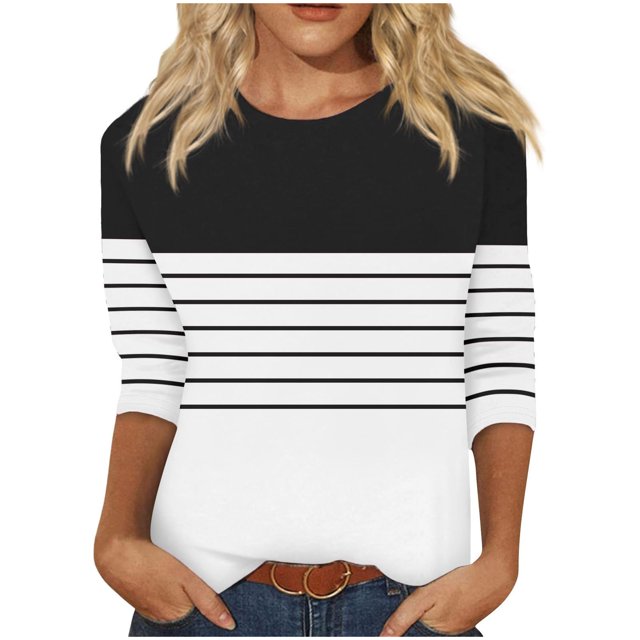 vdgthytj Womens Tops 3/4 Sleeve Fall Stripes Print Crewneck Blouses Fashion Comfy Color Block Pullover Shirts