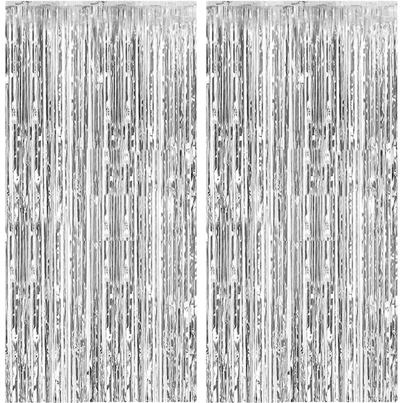 Woeilo 2 Pack Foil Curtain Backdrop - Silver Metallic Tinsel Fringe Curtains for Photo Booth Props