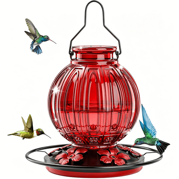 ACDANC Glass Hummingbird Feeder for Outdoors Hanging,24Oz Bird Nectar Feeder with Perch&5 Flower Feeding Ports,Leak Proof for Outside Garden Decor Backyard,Red