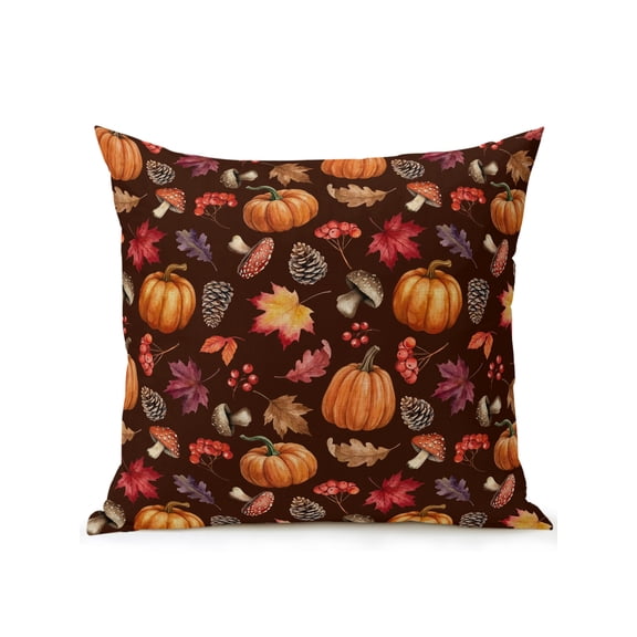 Outdoor Pillows Waterproof, Pumpkins Fall Bedding Throw Pillows with Insert for Couch Sofa Bed, Thanksgiving Maple Leaves Mushroom Brown 16x16 Inch Pillowcases Decorative Patio Pillow Set of 1