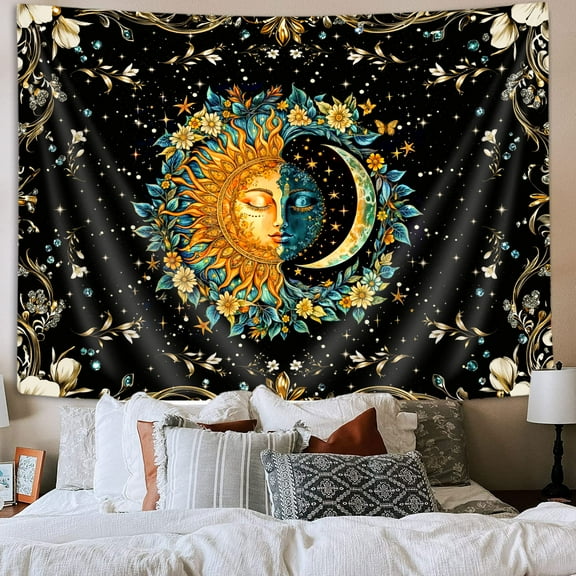 Moon and Sun Tapestry Black Flower Plant Spiritual Mandala Tapestry for Bedroom Aesthetic Hippie Boho Floral Wall Hanging Tapestries for Bedroom Dorm Living Room Decor, 60X40IN