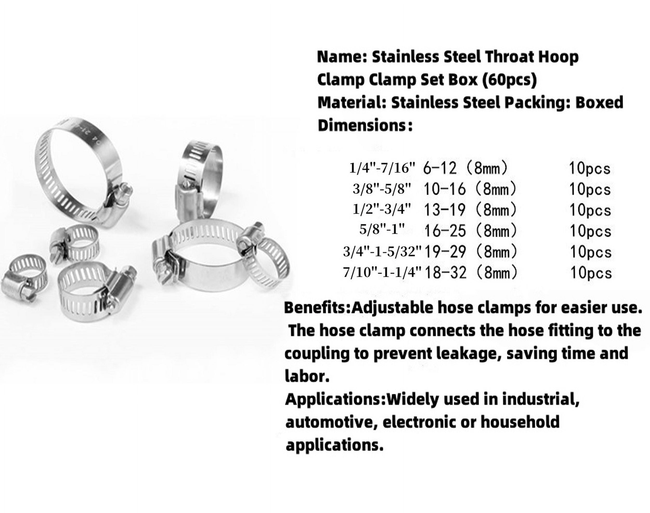 Kabuer Stainless Steel Hose Clamp Assortment Kit for Plumbing & Automotive, 60 Pcs, 1/4"-1-1/2" Adjustable
