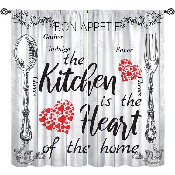 Kitchen Curtains, Spoon Fork Pattern Wooden Board Rustic Farmhouse Window Treatments, Rod Pocket Thermal Insulated Drapes 2 Panel Sets for Bedroom Living Room, 42" W X 54" L【Decor】