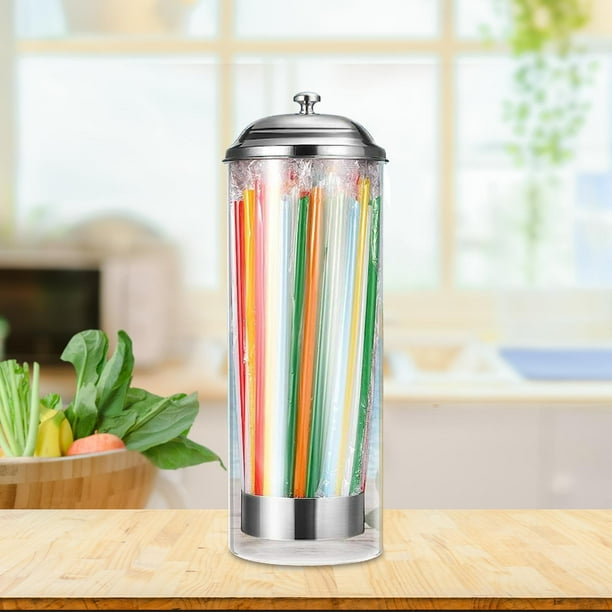 Straw Dispenser with Stainless Steel Lid, Glass Straw Holder for Counter with Lid, Drinking