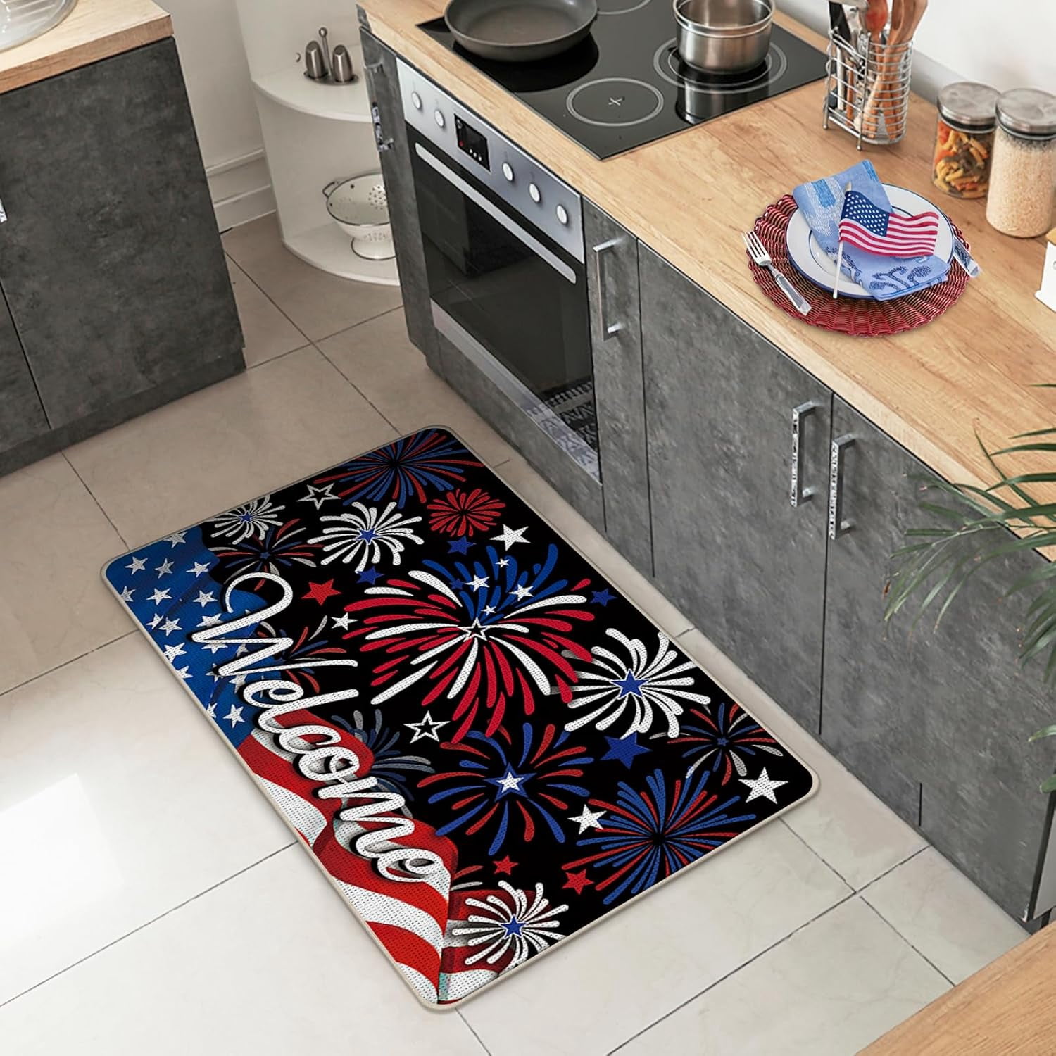 4th of July Patriotic Welcome Front Door Mat, America Fireworks Stars Decorative Doormat Non-Slip Floor Entryway Rug, American USA Indoor Outdoor Home Kitchen Decoration 17x29 Inches