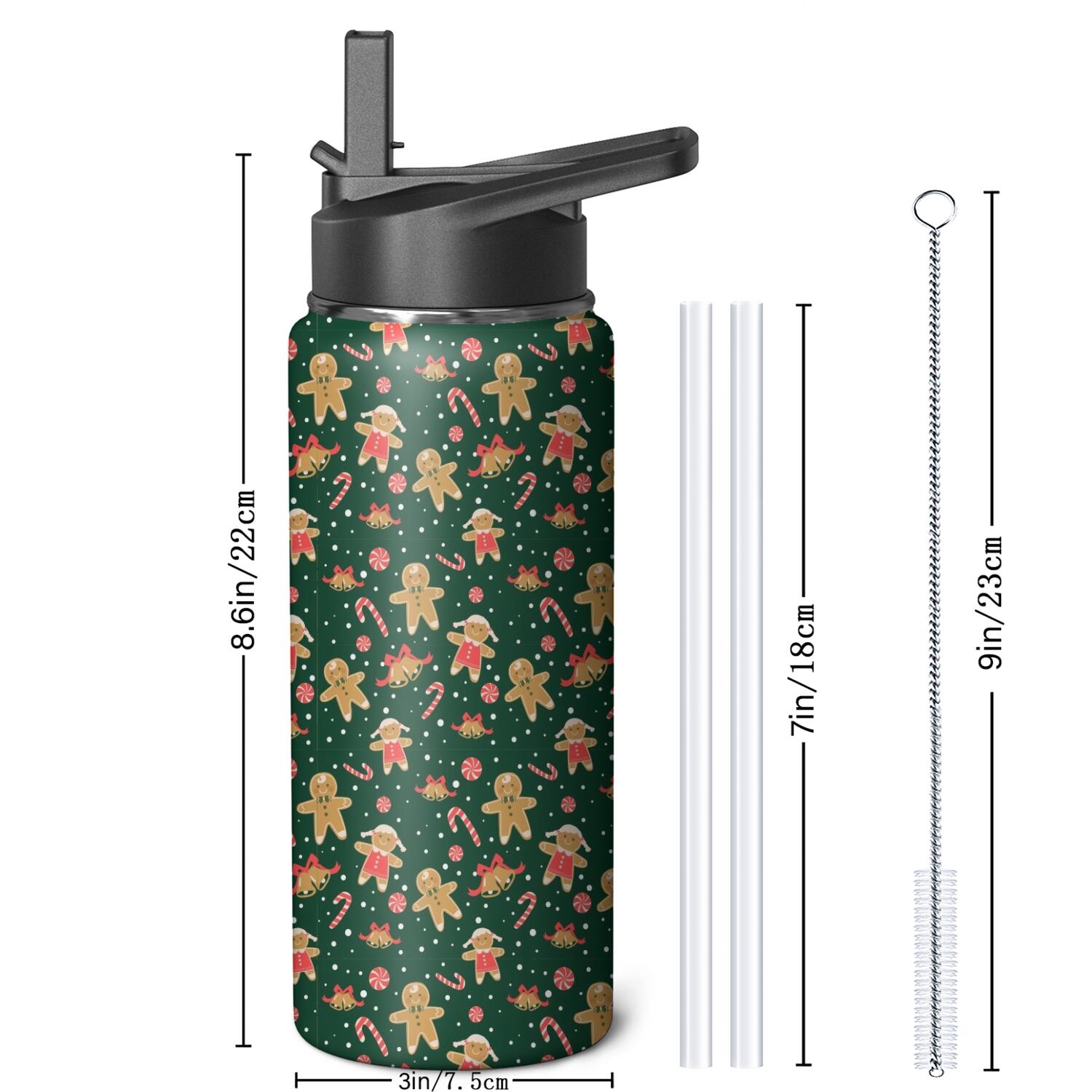 Christmas 18 oz Insulated Stainless Steel Water Bottle with Straw & Cleaning Brush , Leakproof, BPA-Free, 304 Stainless Steel, Wide Mouth, Travel Mug for Car, Gym, Office