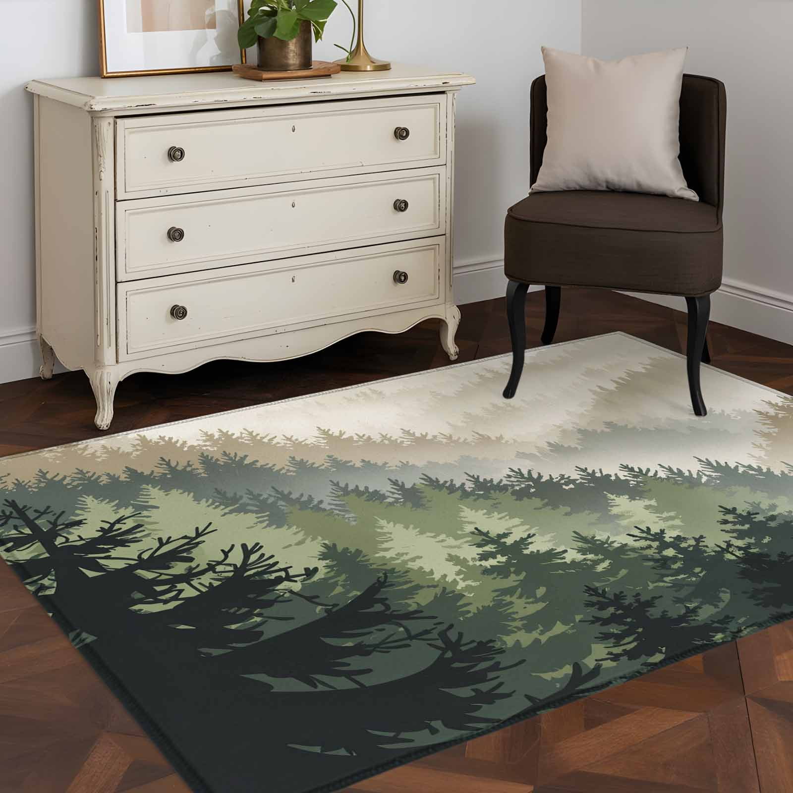 Area Rugs 2.7'x5', Mountains Carpet for Living Room Bedroom Dining Room, Watercolor Forest Nature Pine Trees Landscape Throw Kitchen Rugs Non Slip Washable Rectangle Indoor Outdoor Rugs
