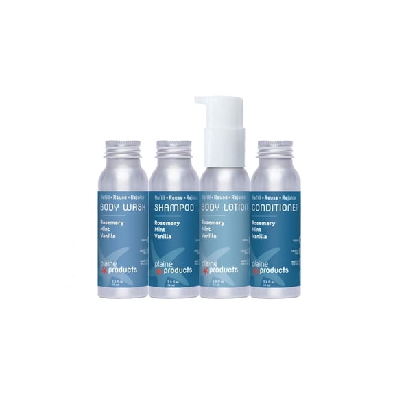 Travel Size Shampoo, Conditioner, Body Wash and Body Lotion - Rosemary, Mint, Vanilla - Sulfate Free, Refillable Bottle, 2.5 oz