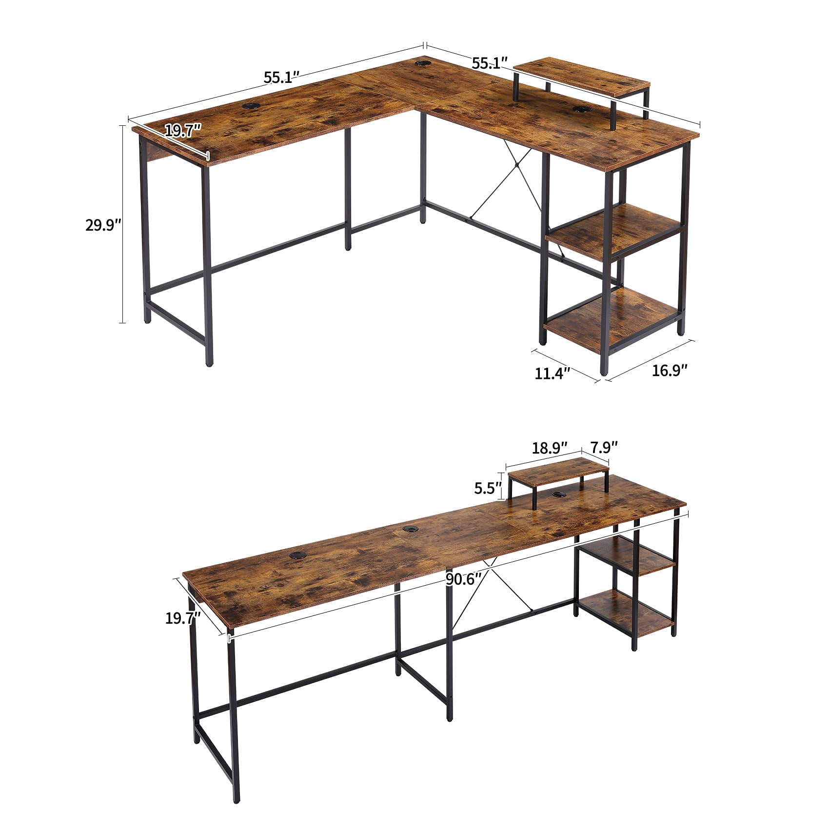 UNICOO® L Shaped Computer Desk, Modern Corner Computer Desks with CPU Stand, L Shaped Game Table with Storage Shelves, Study Writing Desk (SYK-03-L-RB) Rustic Brown