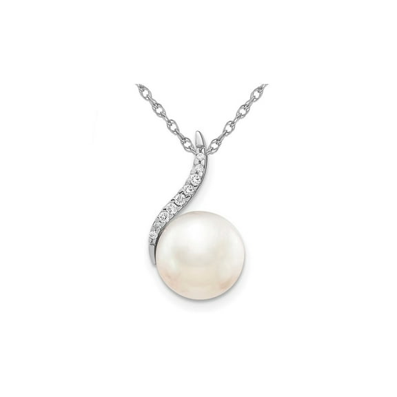 14K White Gold Freshwater Cultured Pearl (9-10mm) Pendant Necklace with Chain and Accent Diamonds for Women