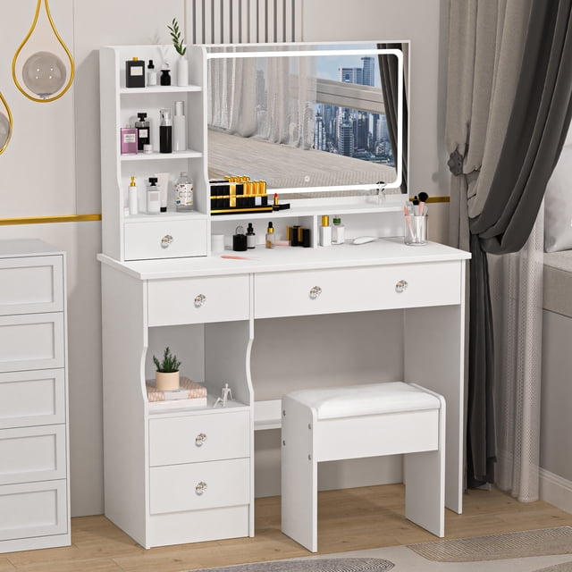 Yedigre Makeup Desk with LED Mirror & Stool - 5 Drawers, 7 Shelves, 3 Brightness Settings, Simple Style