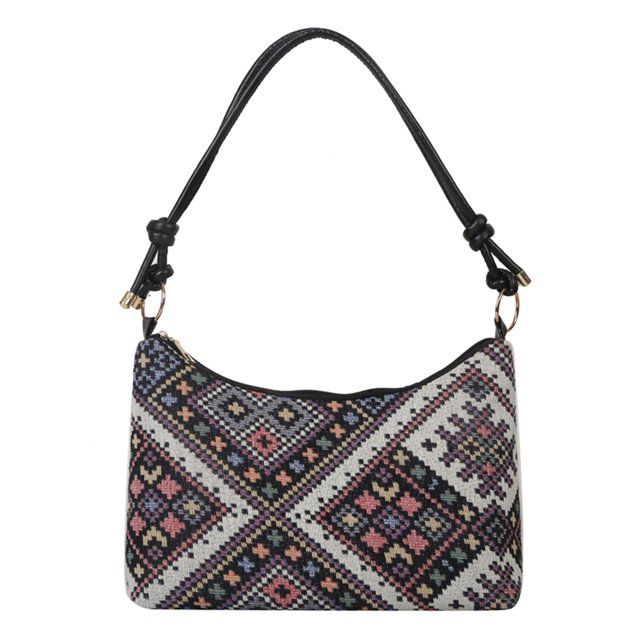 8115 Bolso Hombro Mujer Bordado Étnico Bohemio Casual Floral Pastoral Bolso Axila (geometría Negro)