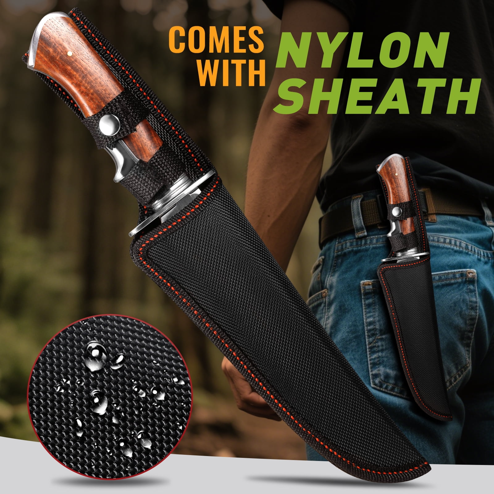 Plys Hunting Knife with Nylon Sheath, 6.9 inch Fixed Blade Outdoor Knife, Full Tang Camping Survival Tactical Knife