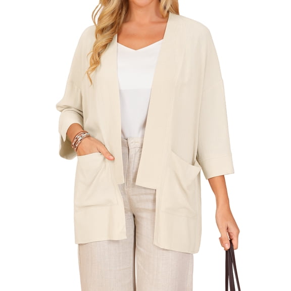 DARING DIVA Women's 3/4 Sleeve Open Front Lightweight Shrug With Pockets S Khaki