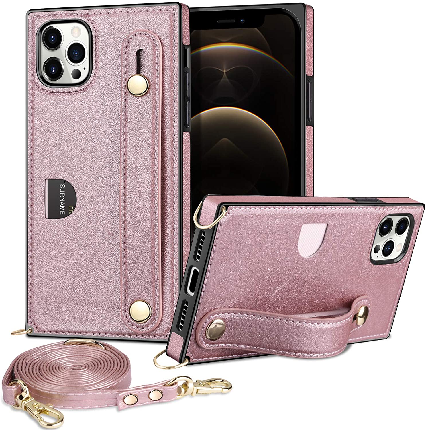 Compatible with iPhone 12 Pro Max Case-Wallet Case with Card Holder Kickstand Lanyard Neck Strap Adjustable Necklace Protective Cover Compatible with iPhone 12 Pro Max 6.7 inch 5G Rose Gold - image 1 of 3