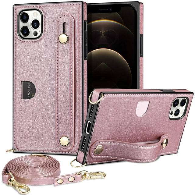 Compatible with iPhone 12 Pro Max Case-Wallet Case with Card Holder Kickstand Lanyard Neck Strap Adjustable Necklace Protective Cover Compatible with iPhone 12 Pro Max 6.7 inch 5G Rose Gold